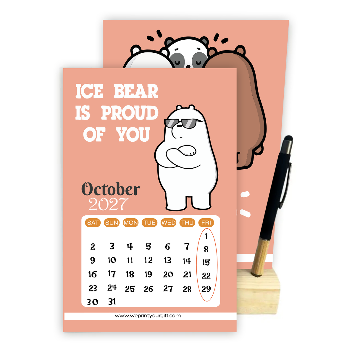 2027 Cute Bears Desk Calendar with Wooden Stand & Bamboo Grip Pen – 12 Unique Monthly Designs