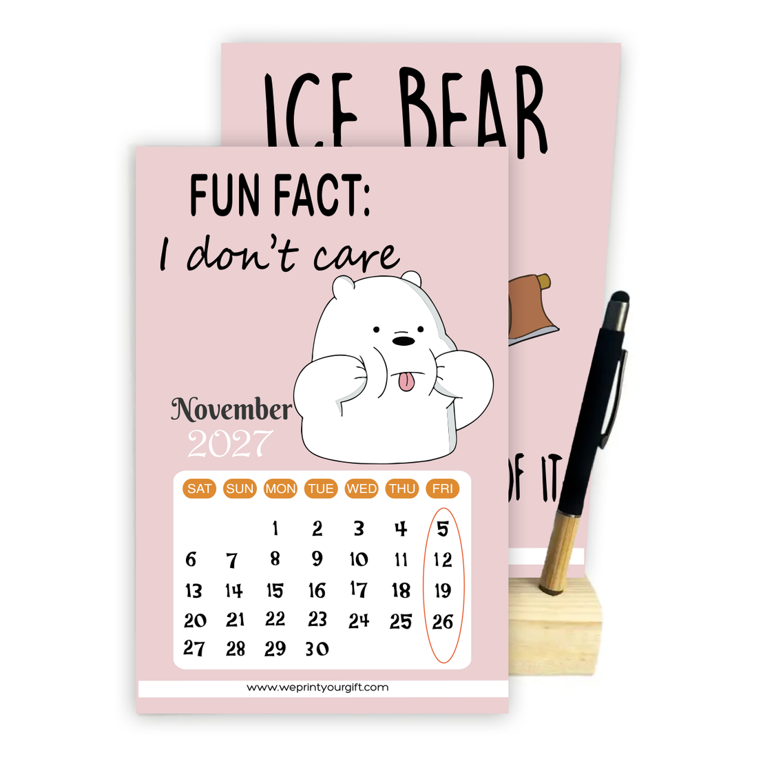 2027 Cute Bears Desk Calendar with Wooden Stand & Bamboo Grip Pen – 12 Unique Monthly Designs