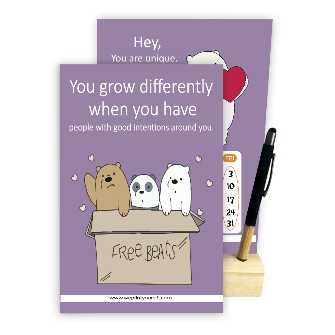 2027 Cute Bears Desk Calendar with Wooden Stand & Bamboo Grip Pen – 12 Unique Monthly Designs