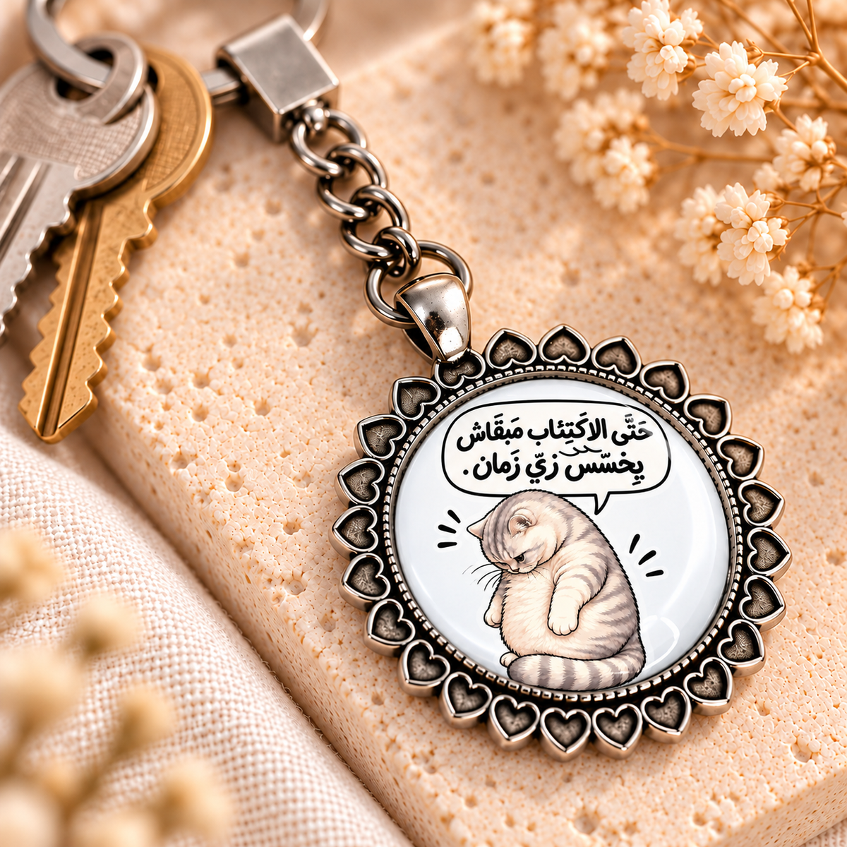 Naughty Cat Comic Glass Dome Keychain | Ornate Heart Border Frame