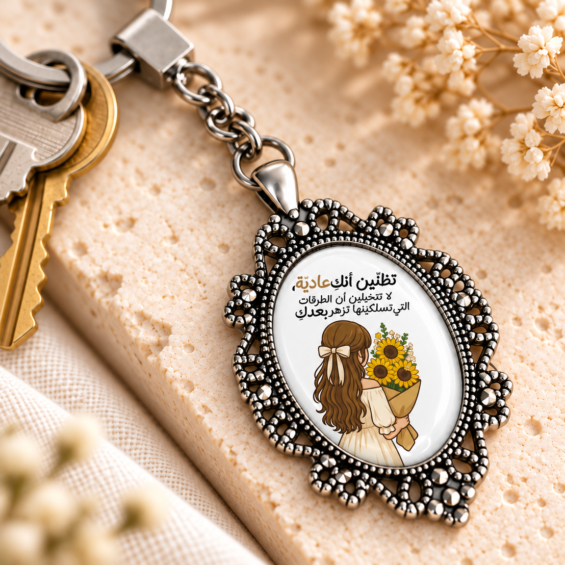 Motivational Sunflower Glass Dome Keychain | Ornate Oval Metal Frame