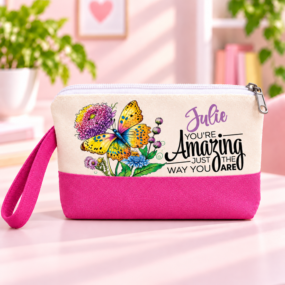 Motivational Butterfly Two-Tone Canvas Pencil Case & Makeup Pouch | With Side Handle