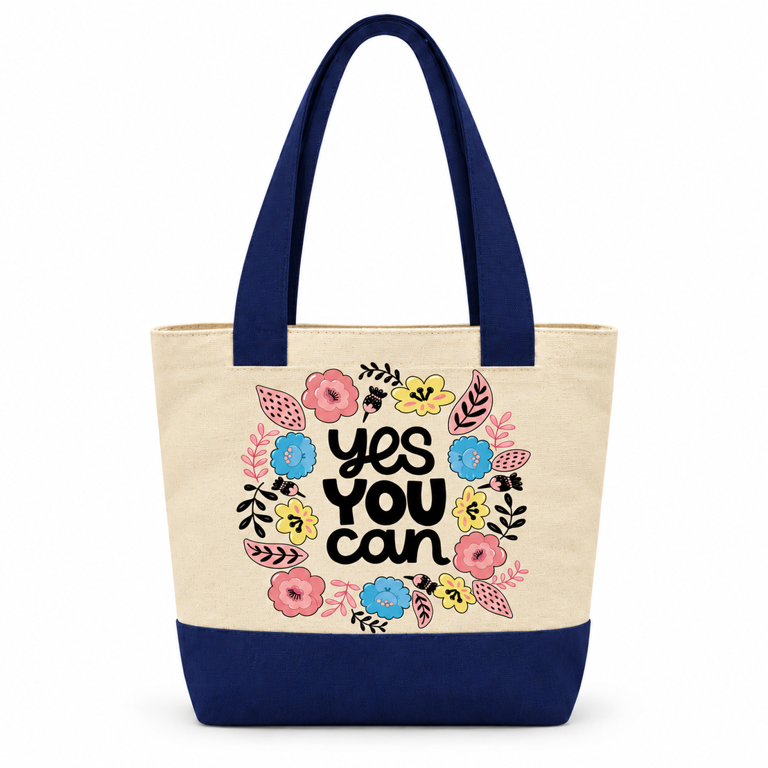Motivational Doodle Canvas Tote Bag | Two-Tone with Zipper Pocket