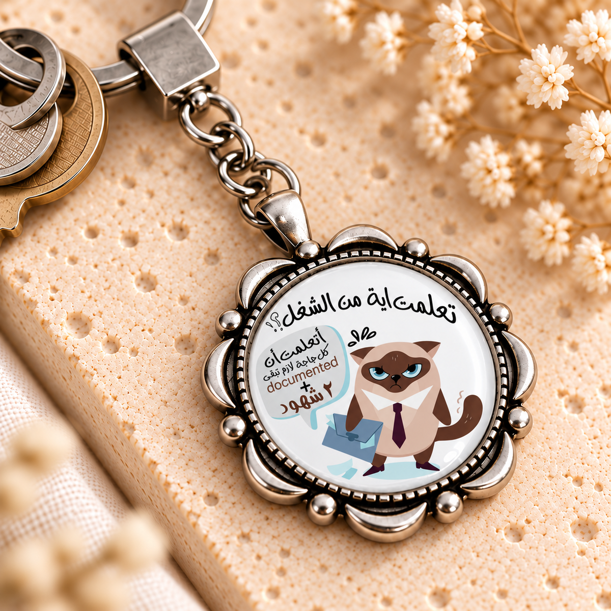 Real Work-Life Comic Glass Dome Keychain | Ornate Round Metal Frame