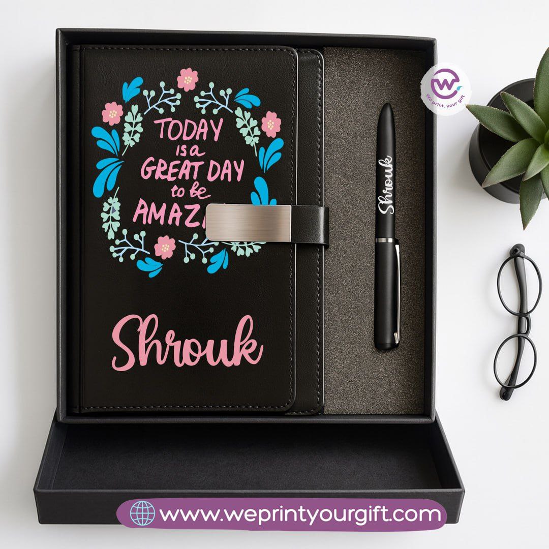 Motivational Personalized Gift Box – Custom Name Leather Notebook & Engraved Pen