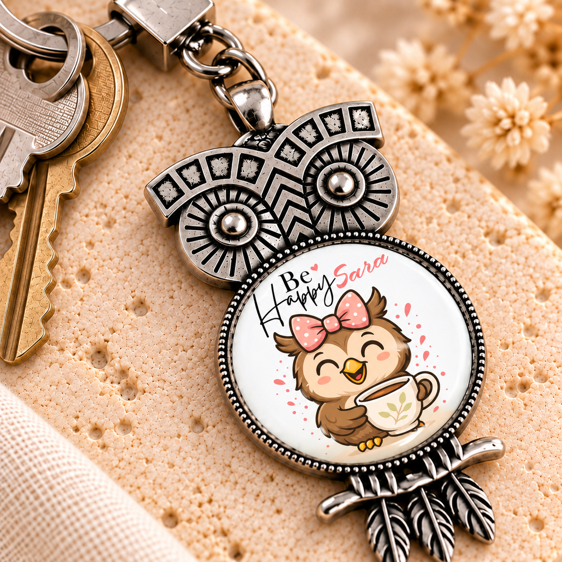 Vintage Glass Dome Metal Keychain | Ornate Owl Shape