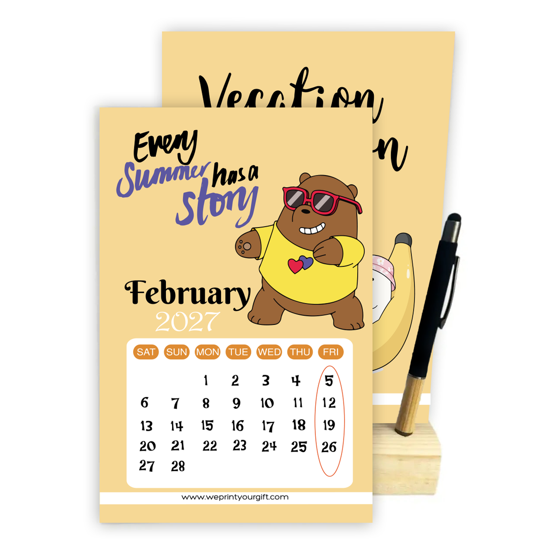 2027 Cute Bears Desk Calendar with Wooden Stand & Bamboo Grip Pen – 12 Unique Monthly Designs