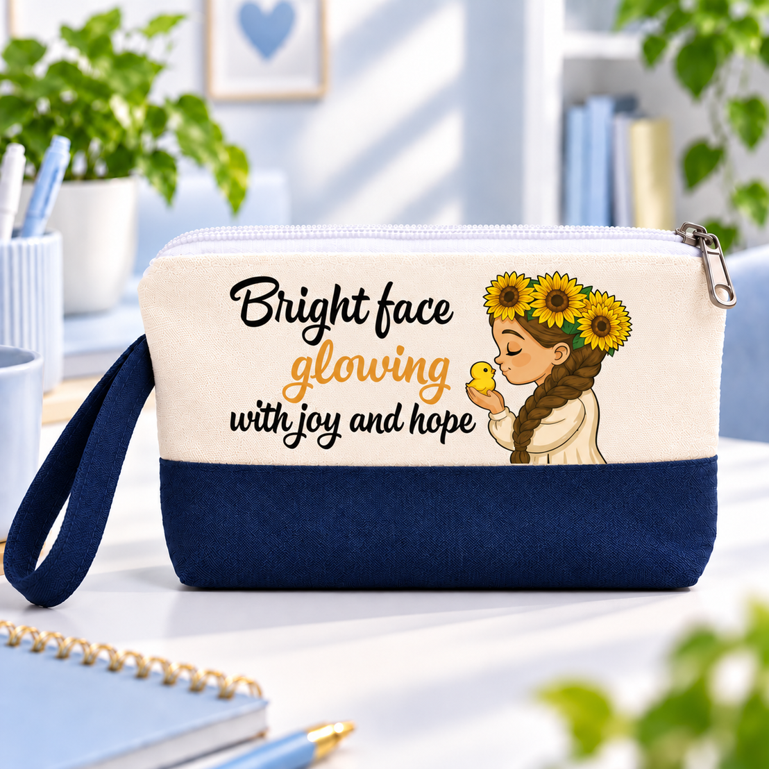 Radiant Sunflower Two-Tone Canvas Pencil Case & Makeup Pouch | With Side Handle