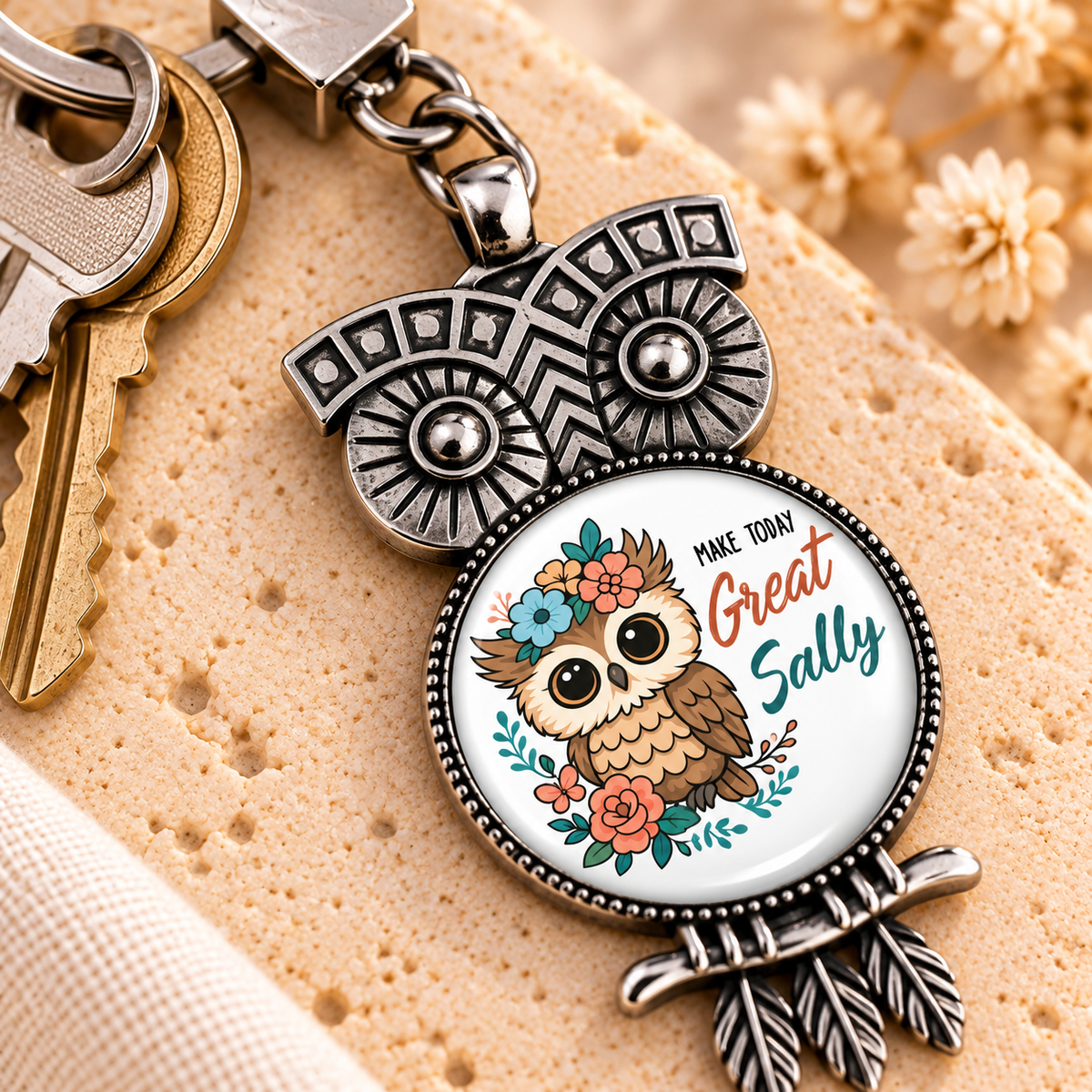 Retro Owl Glass Dome Keychain | Decorative Metal Frame