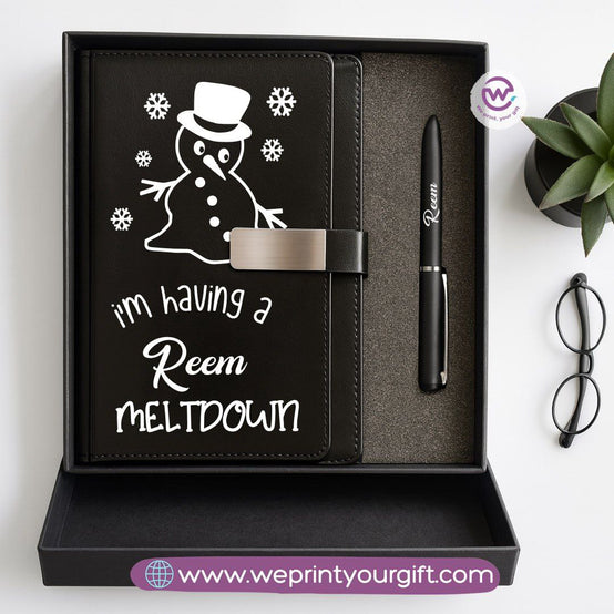 Festive Holiday Leather Gift Set – Custom Name Notebook & Pen