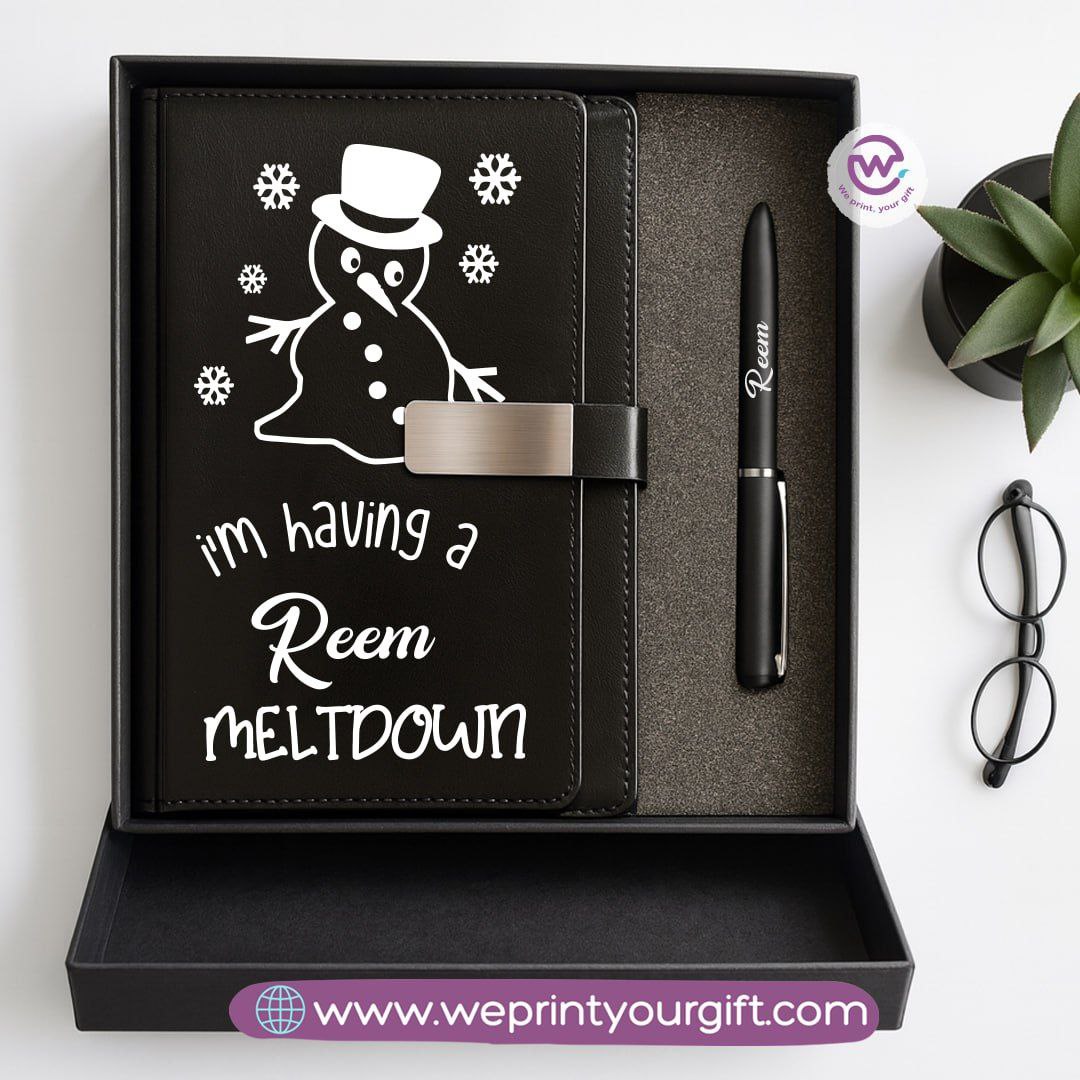 Festive Holiday Leather Gift Set – Custom Name Notebook & Pen