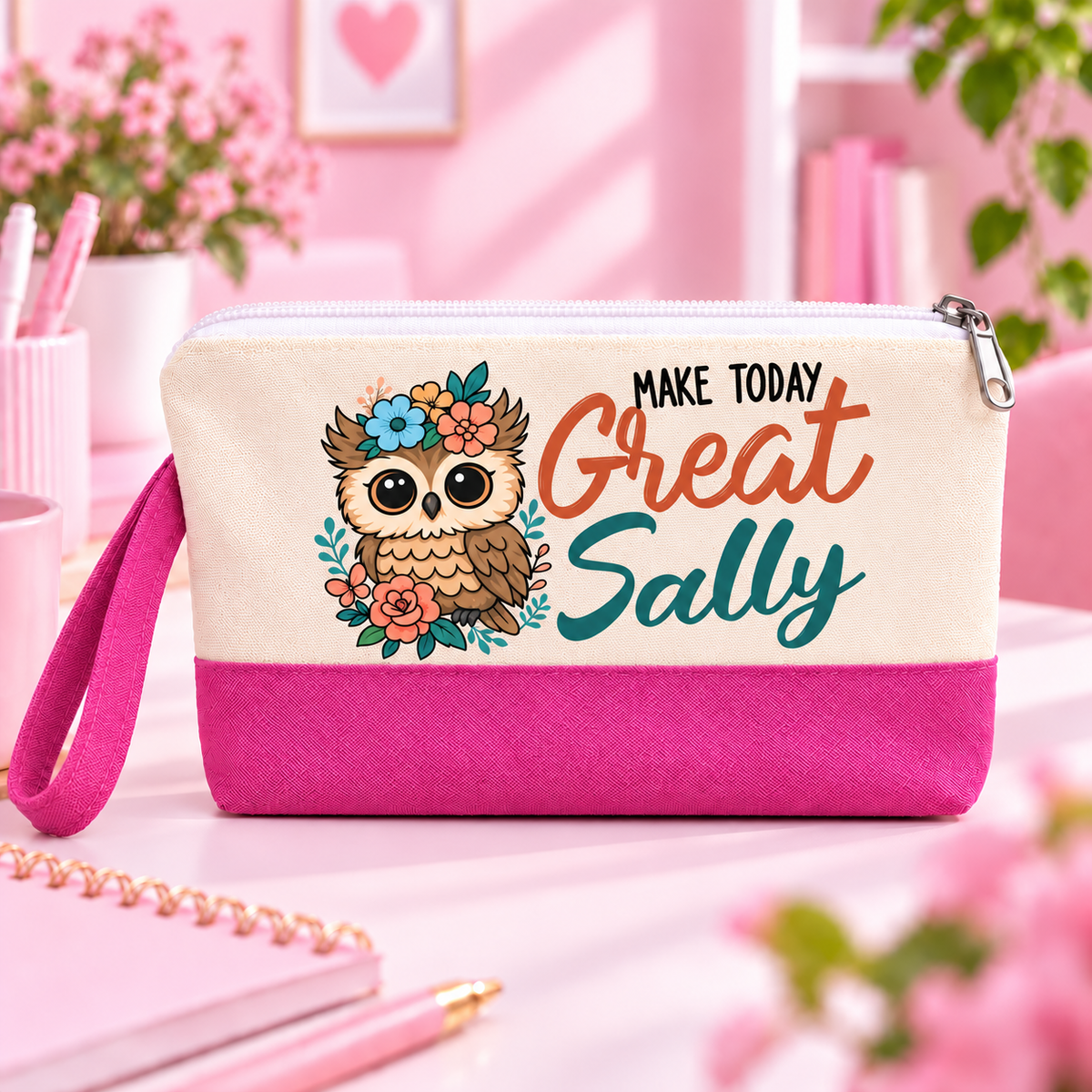 Cute Owl Two-Tone Canvas Pencil Case & Makeup Pouch | With Side Handle