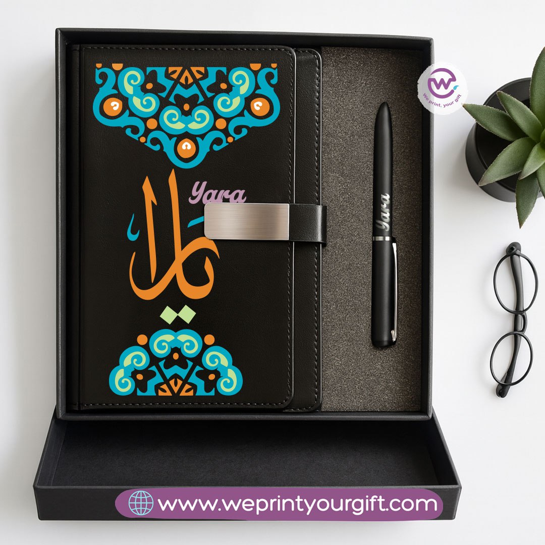 Mandala Personalized Gift Box – Custom Name Leather Notebook & Engraved Pen Set
