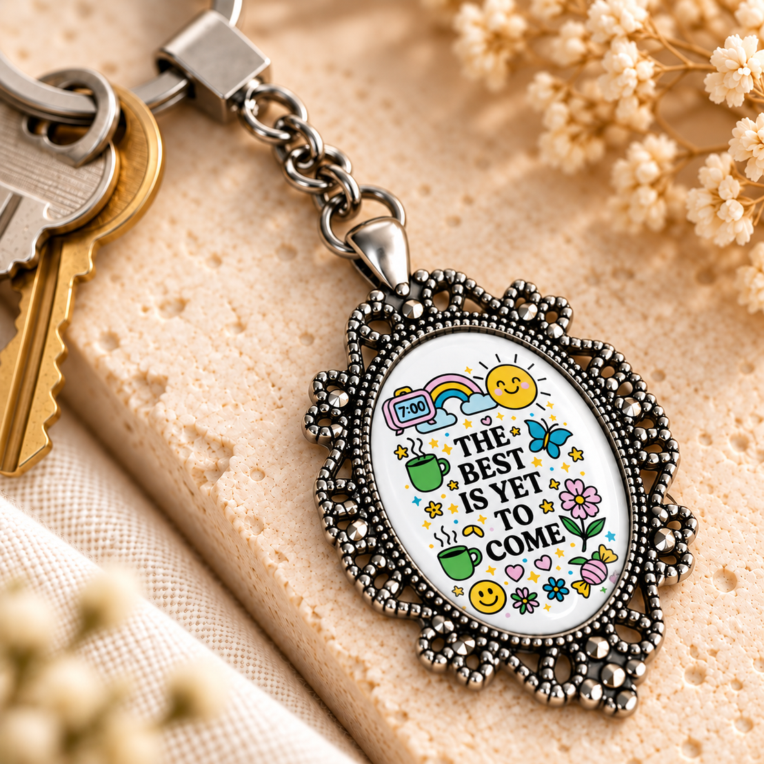 Motivational Doodle Glass Dome Keychain | Ornate Oval Metal Frame