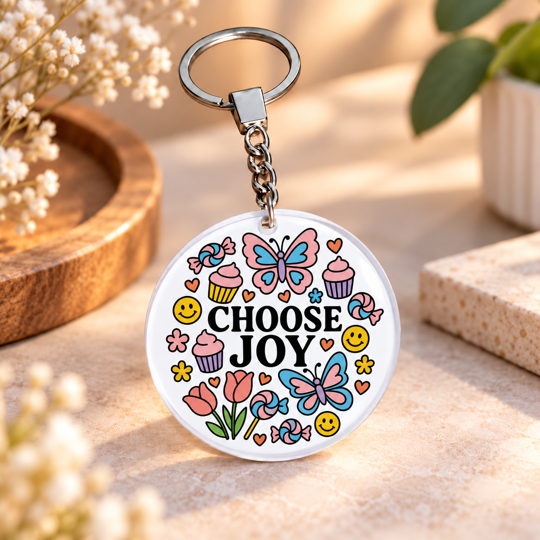 Motivational Icons Clear Acrylic Keychain | Single-Sided Print (Round / Rectangle)