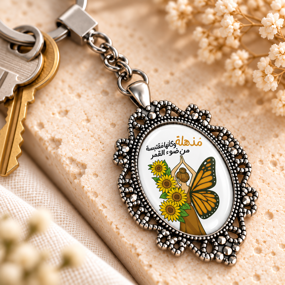 Motivational Sunflower Glass Dome Keychain | Ornate Oval Metal Frame