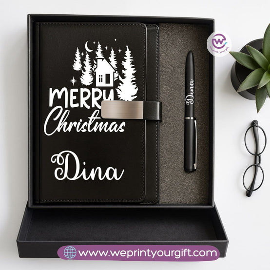 Festive Holiday Leather Gift Set – Custom Name Notebook & Pen