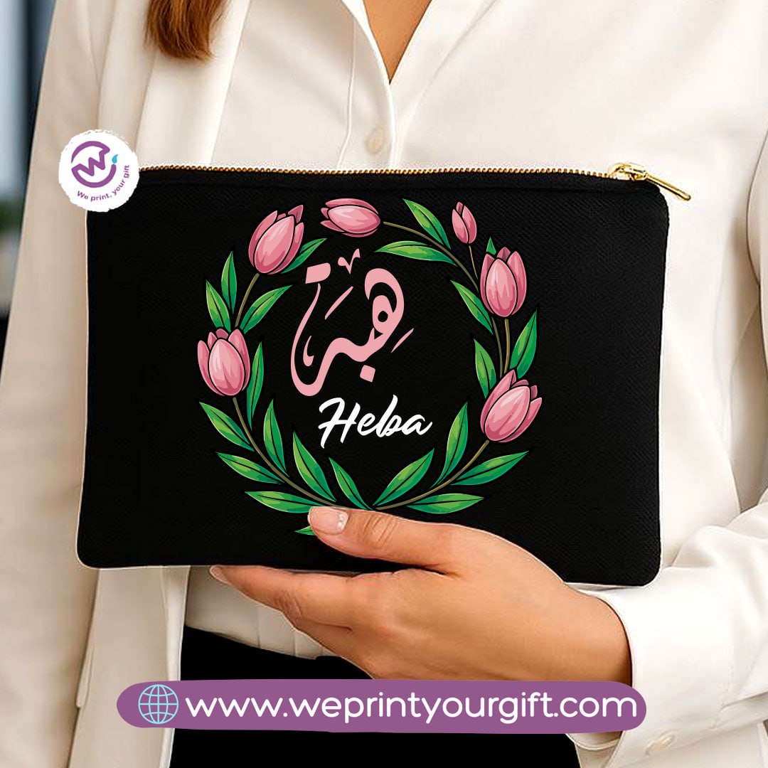 Personalized Floral Name Makeup Bag & Pencil Case – Elegant Cotton Pouch