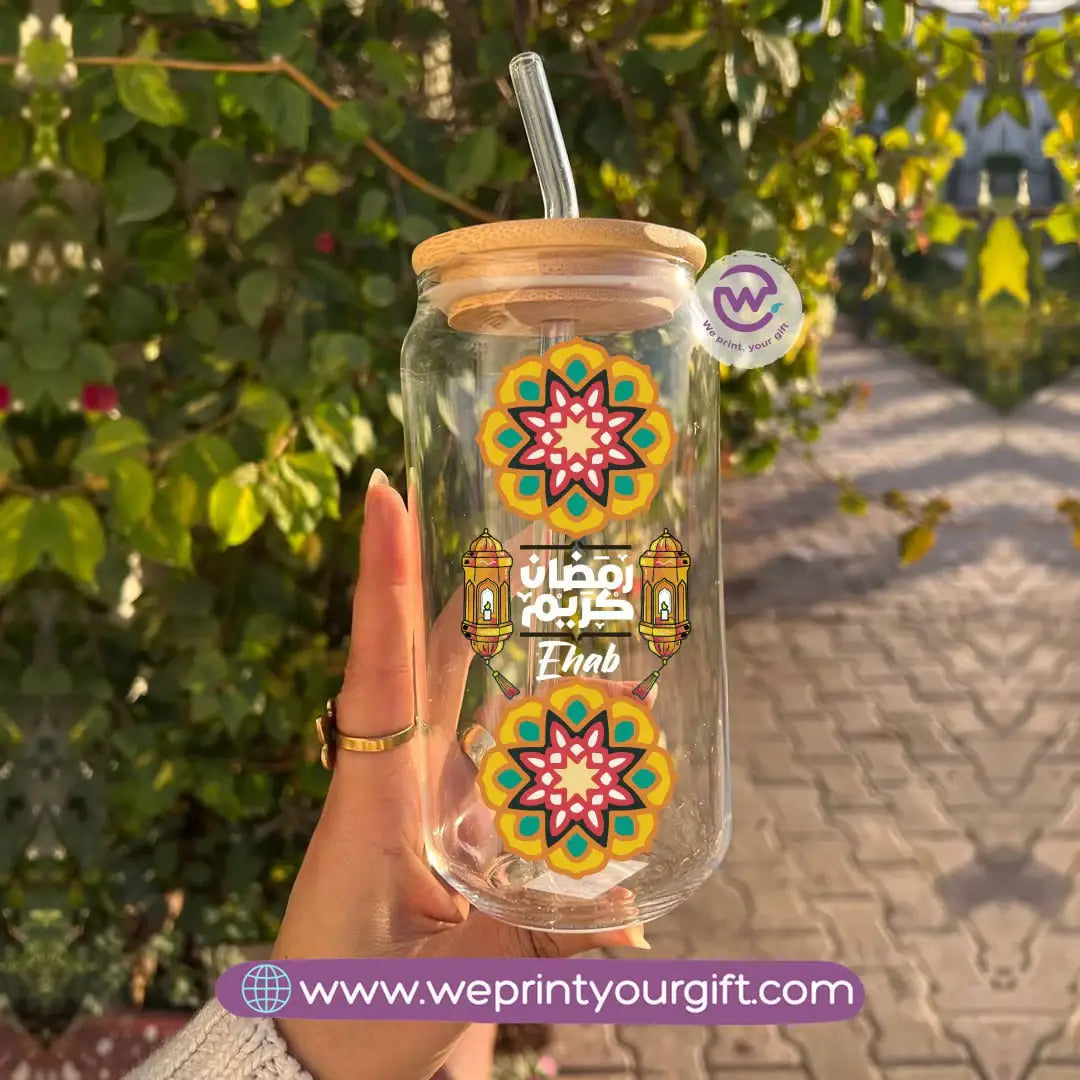 Round Glass Mug with Bamboo Lid & Glass Straw | Ramadan Design - WE PRINT