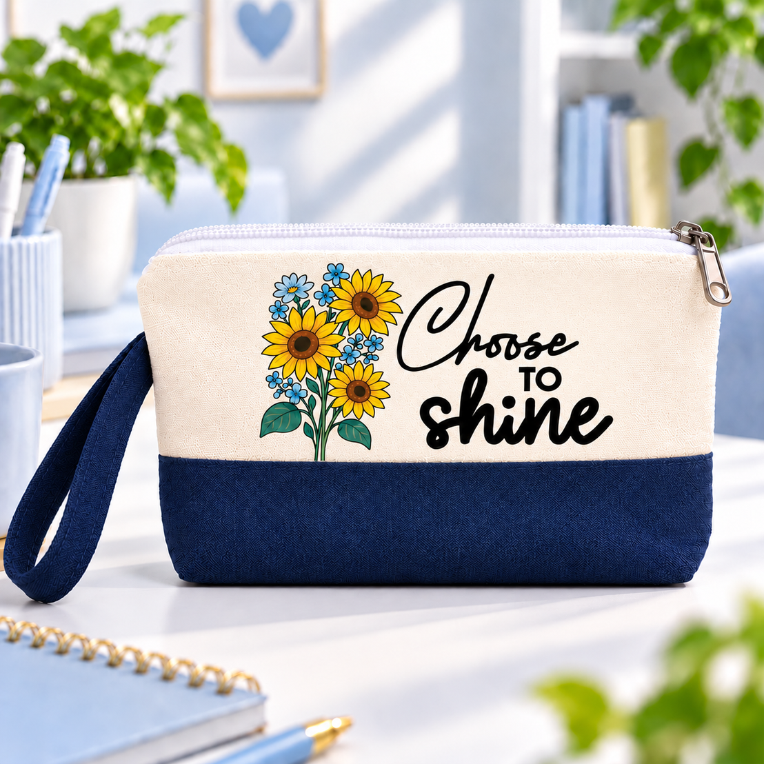 Radiant Sunflower Two-Tone Canvas Pencil Case & Makeup Pouch | With Side Handle