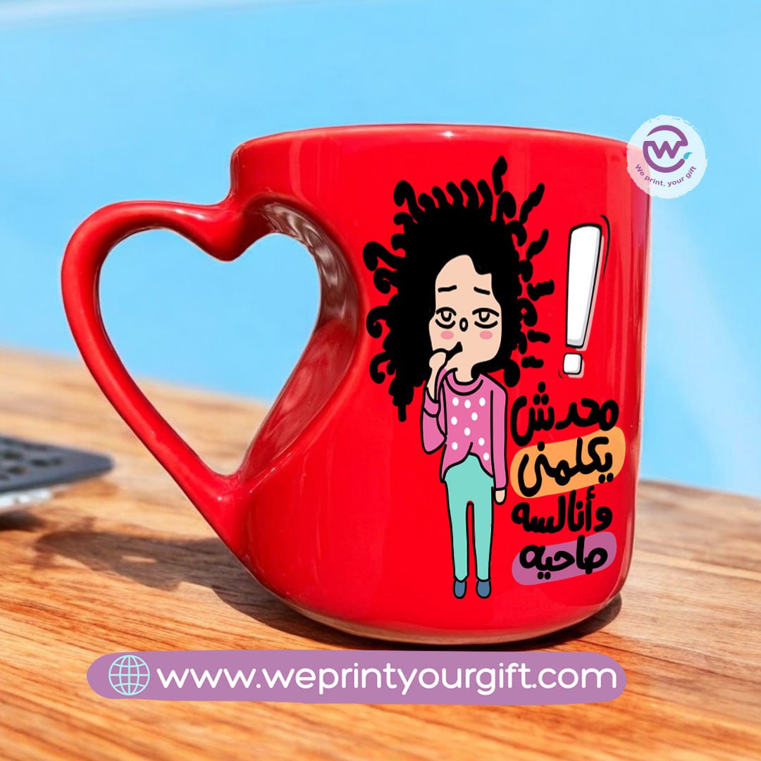 Red ceramic mug- Heart handle- Comic