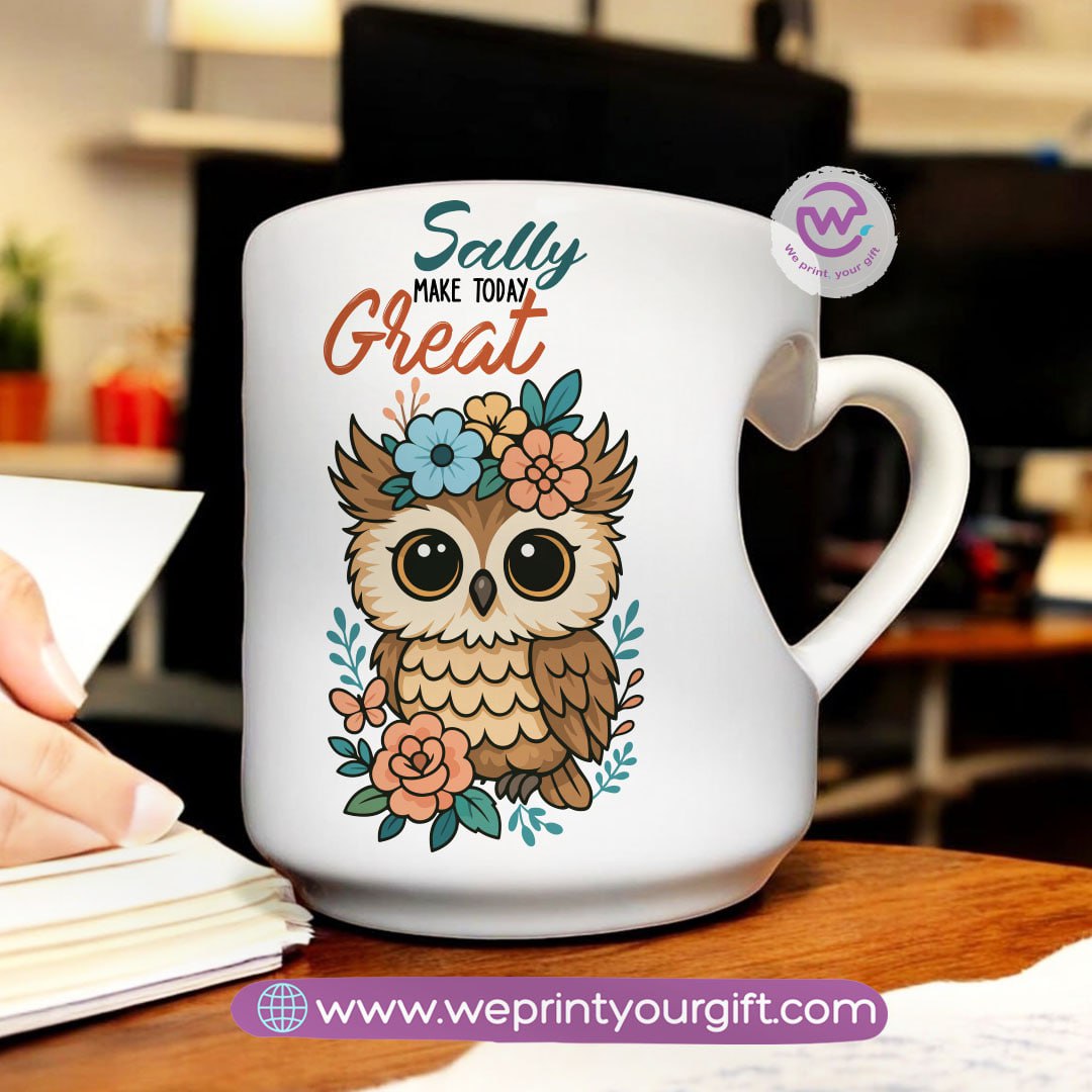 Personalized mug- Heart handle mug- Owl
