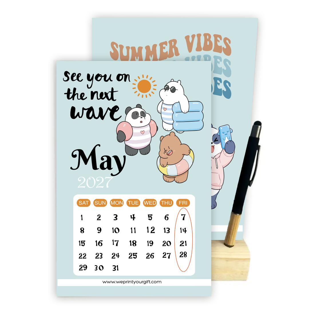2027 Cute Bears Desk Calendar with Wooden Stand & Bamboo Grip Pen – 12 Unique Monthly Designs