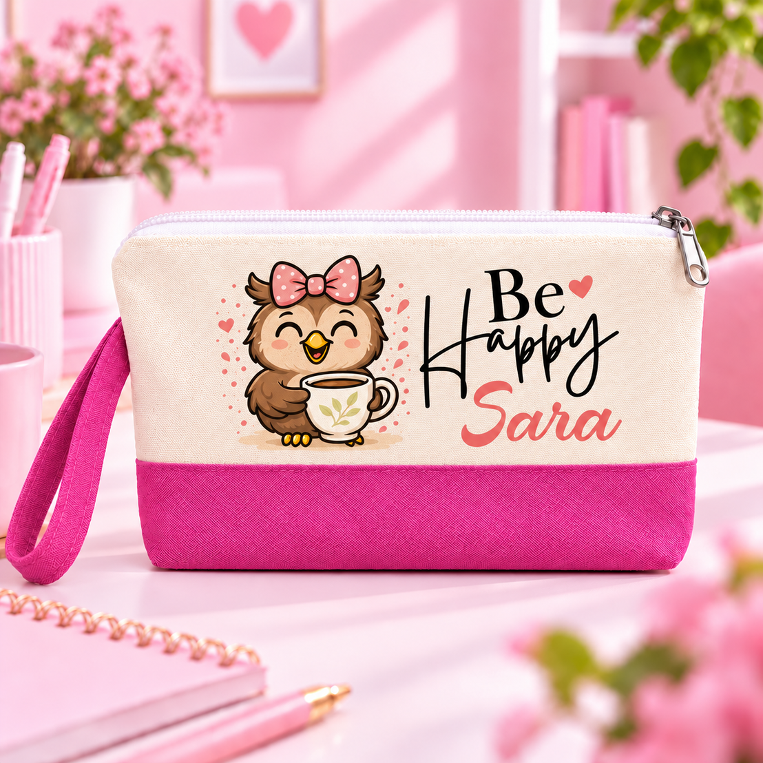 Cute Owl Two-Tone Canvas Pencil Case & Makeup Pouch | With Side Handle