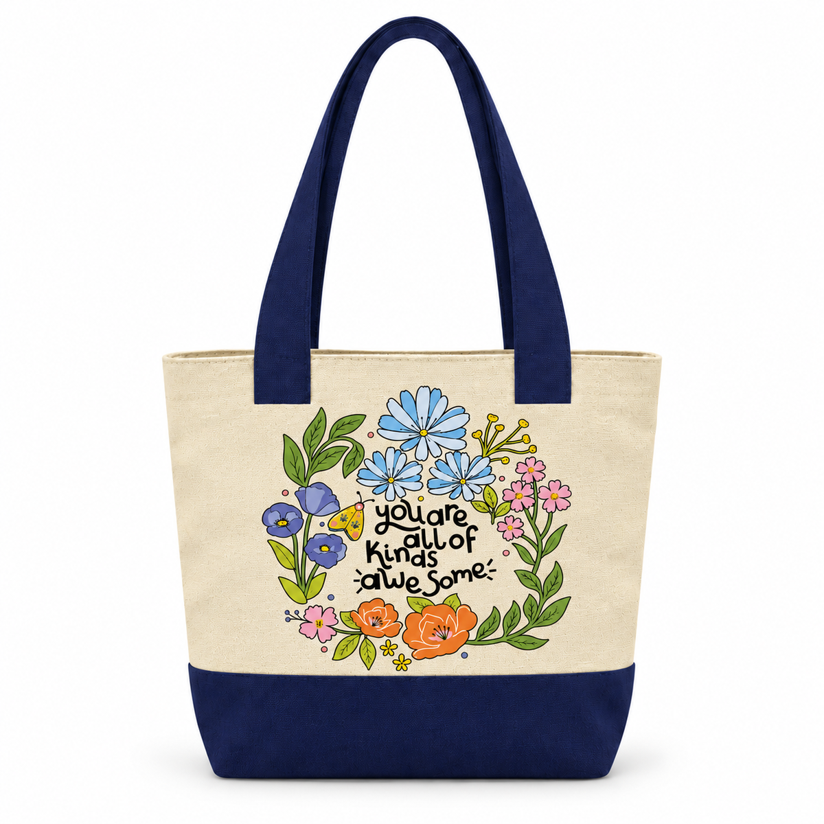 Motivational Doodle Canvas Tote Bag | Two-Tone with Zipper Pocket