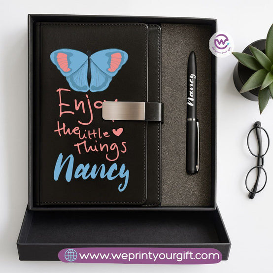 Personalized Leather Notebook & Engraved Pen Gift Box – Motivational Design with Name
