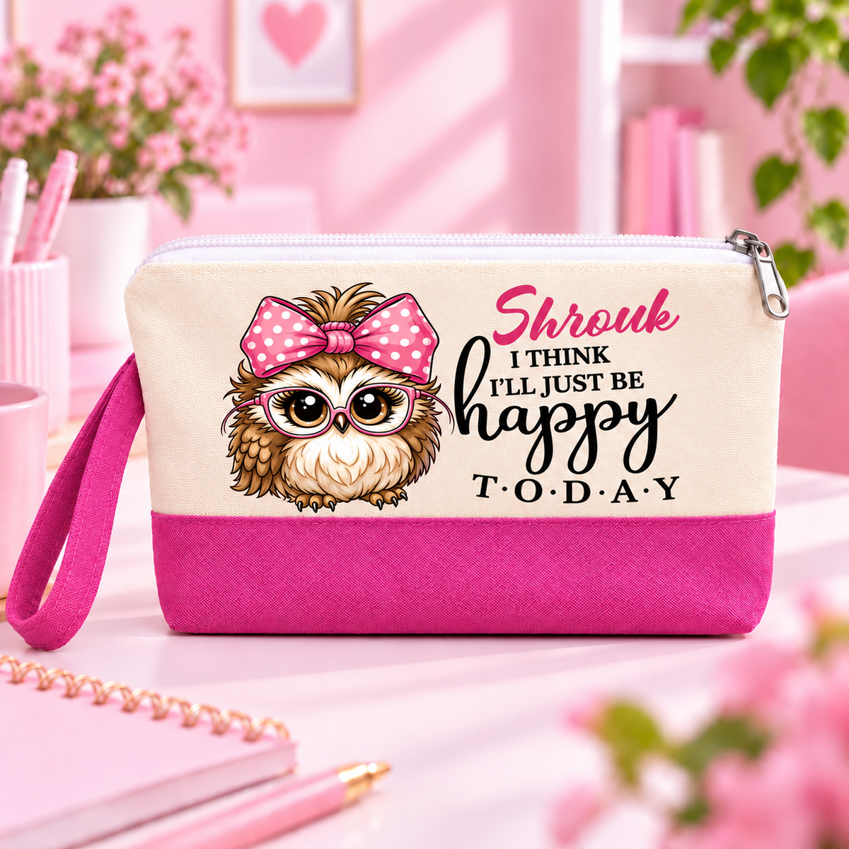 Cute Owl Two-Tone Canvas Pencil Case & Makeup Pouch | With Side Handle
