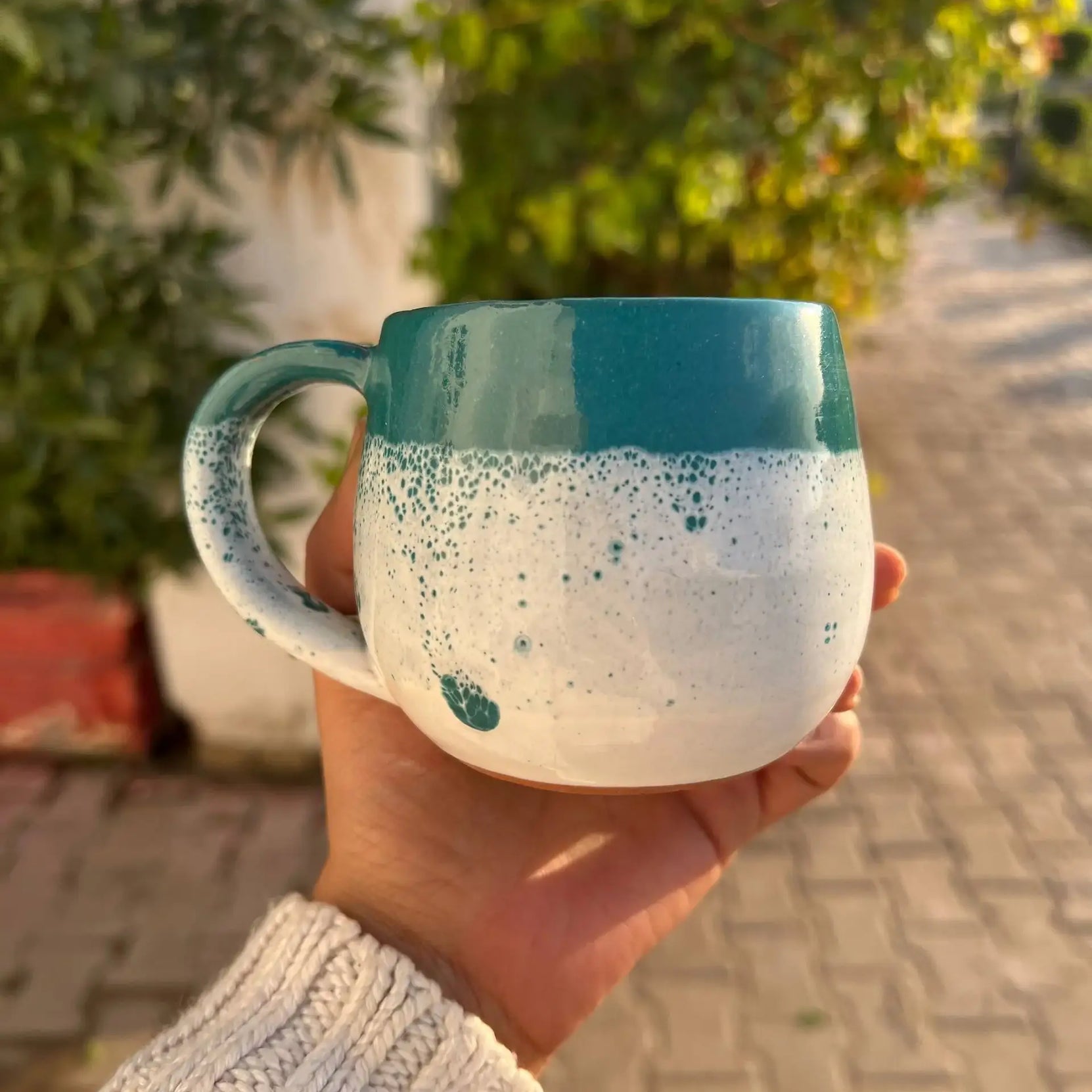 Green & White Handmade Pottery Mug - Customization Options - WE PRINT