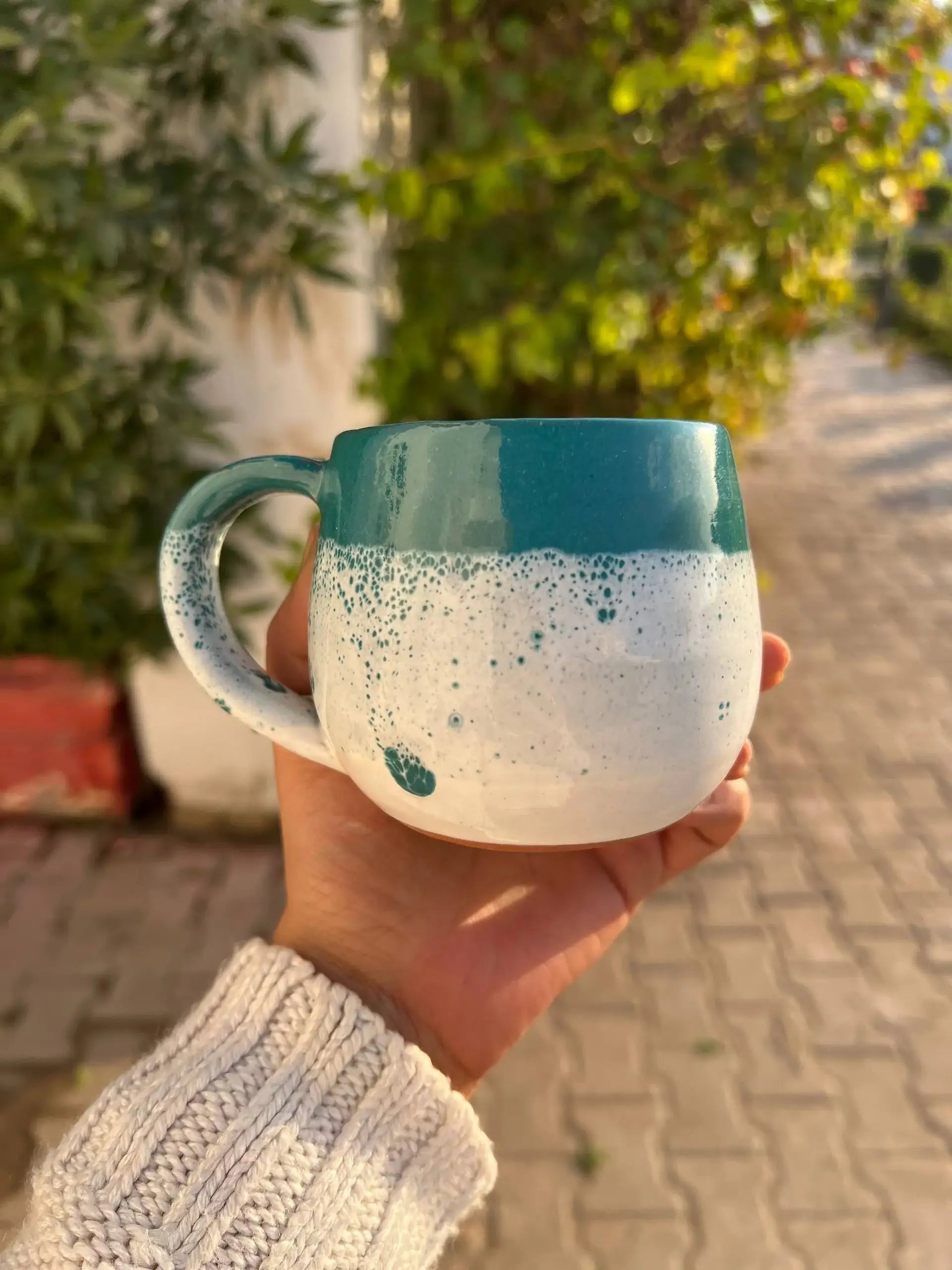 Green & White Handmade Pottery Mug - Customization Options - WE PRINT