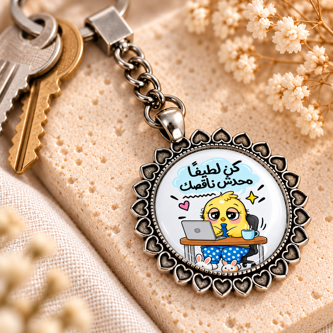 Funny Work Chick Glass Dome Keychain | Ornate Heart Border Frame