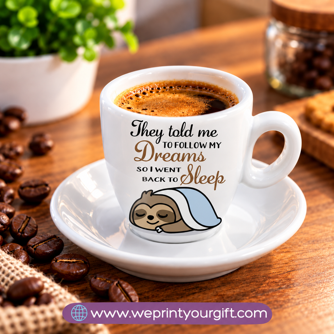 Funny Coffee Lovers Espresso Cups with Saucers – Humorous Coffee Quotes & Designs
