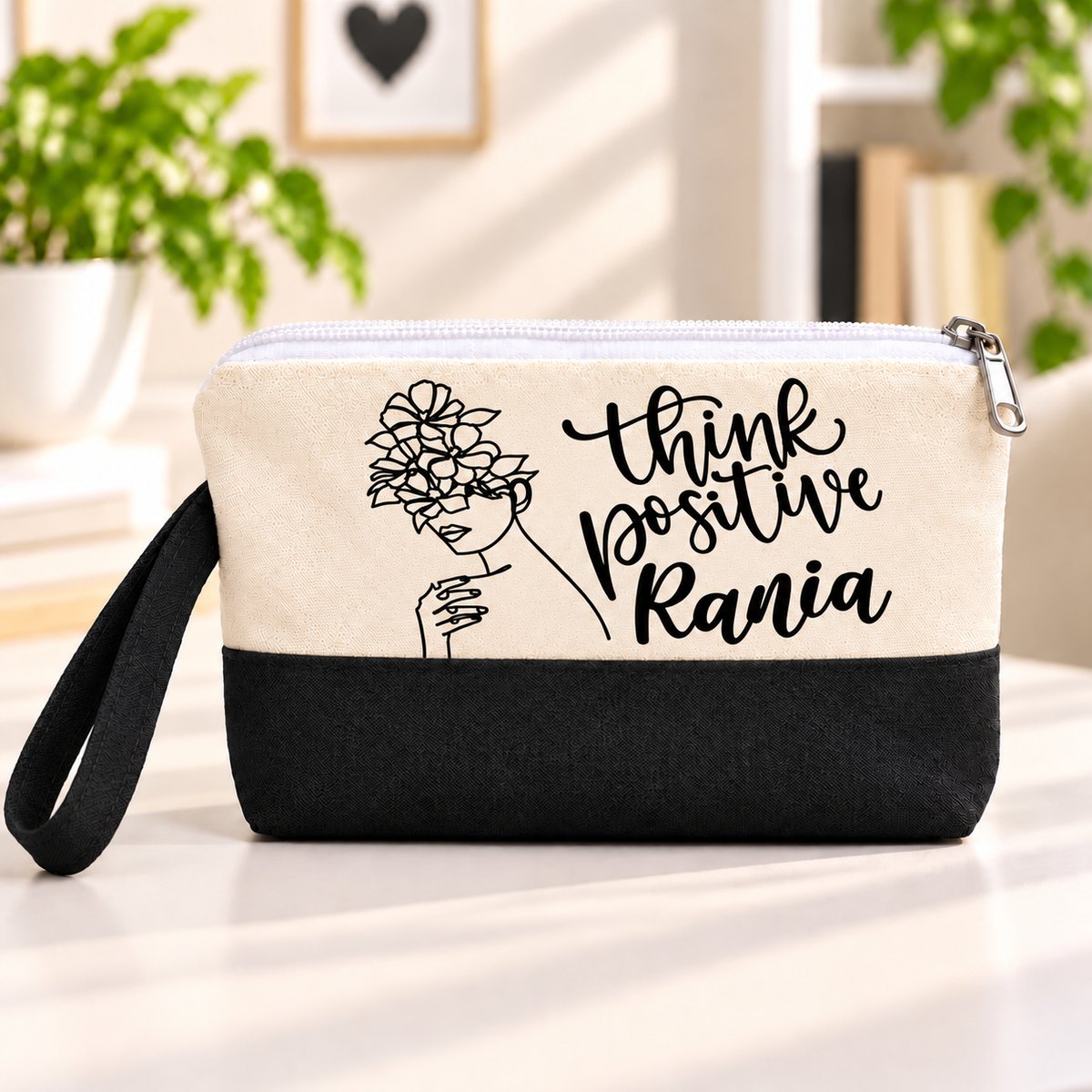 Minimalist One Line Art Two-Tone Canvas Pencil Case & Makeup Pouch | With Side Handle