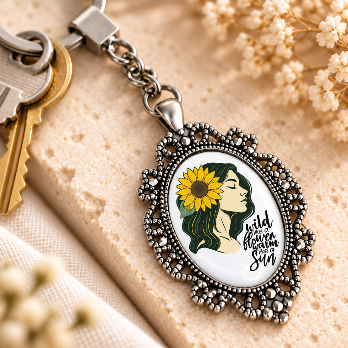 Motivational Sunflower Glass Dome Keychain | Ornate Oval Metal Frame
