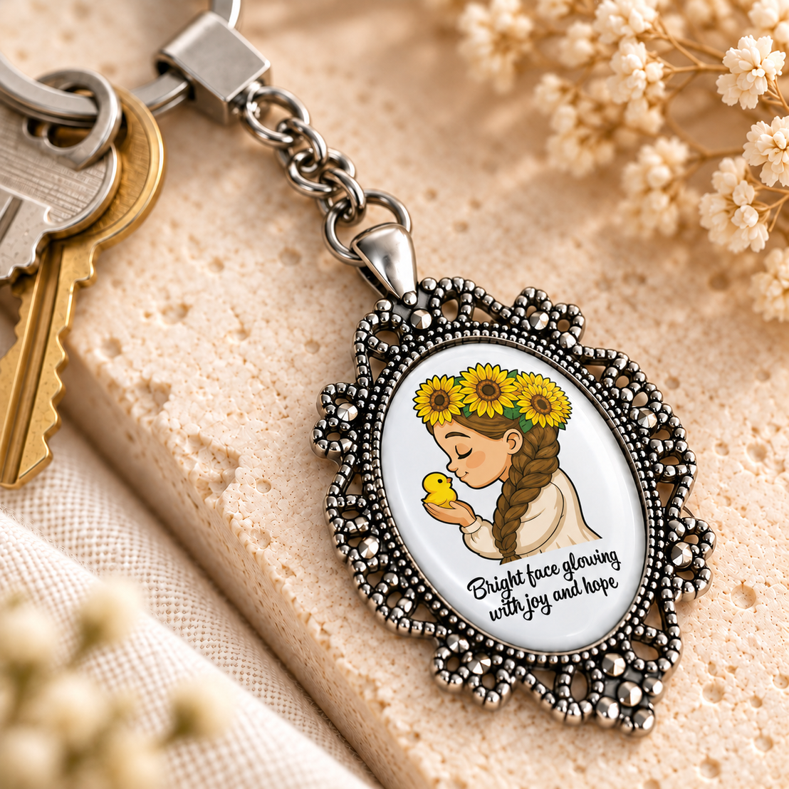 Sunflower Glass Dome Keychain | Ornate Oval Metal Frame