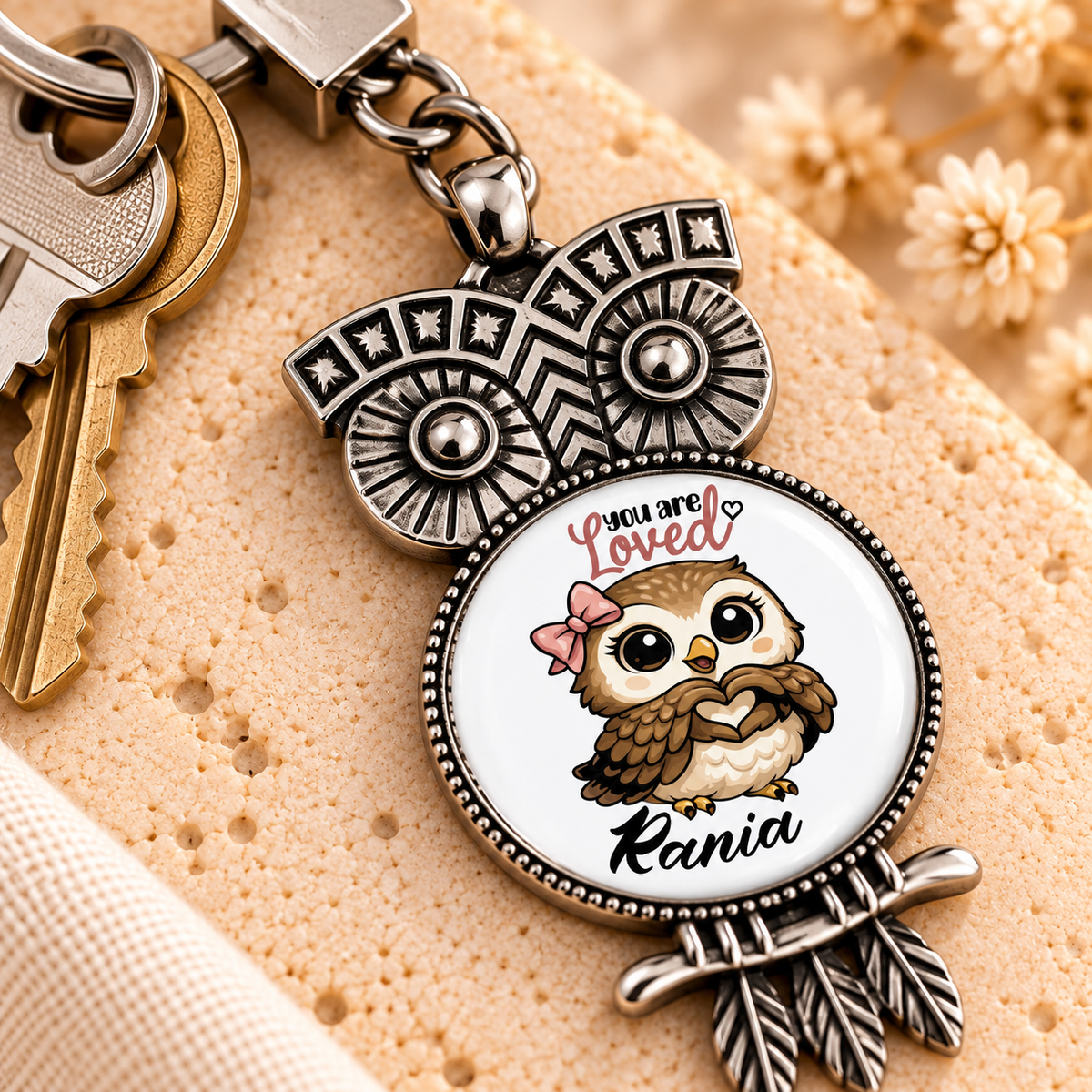 Retro Owl Glass Dome Keychain | Decorative Metal Frame