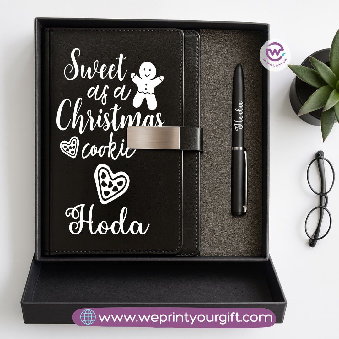 Festive Holiday Leather Gift Set – Custom Name Notebook & Pen