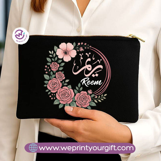 Personalized Floral Name Makeup Bag & Pencil Case – Elegant Cotton Pouch