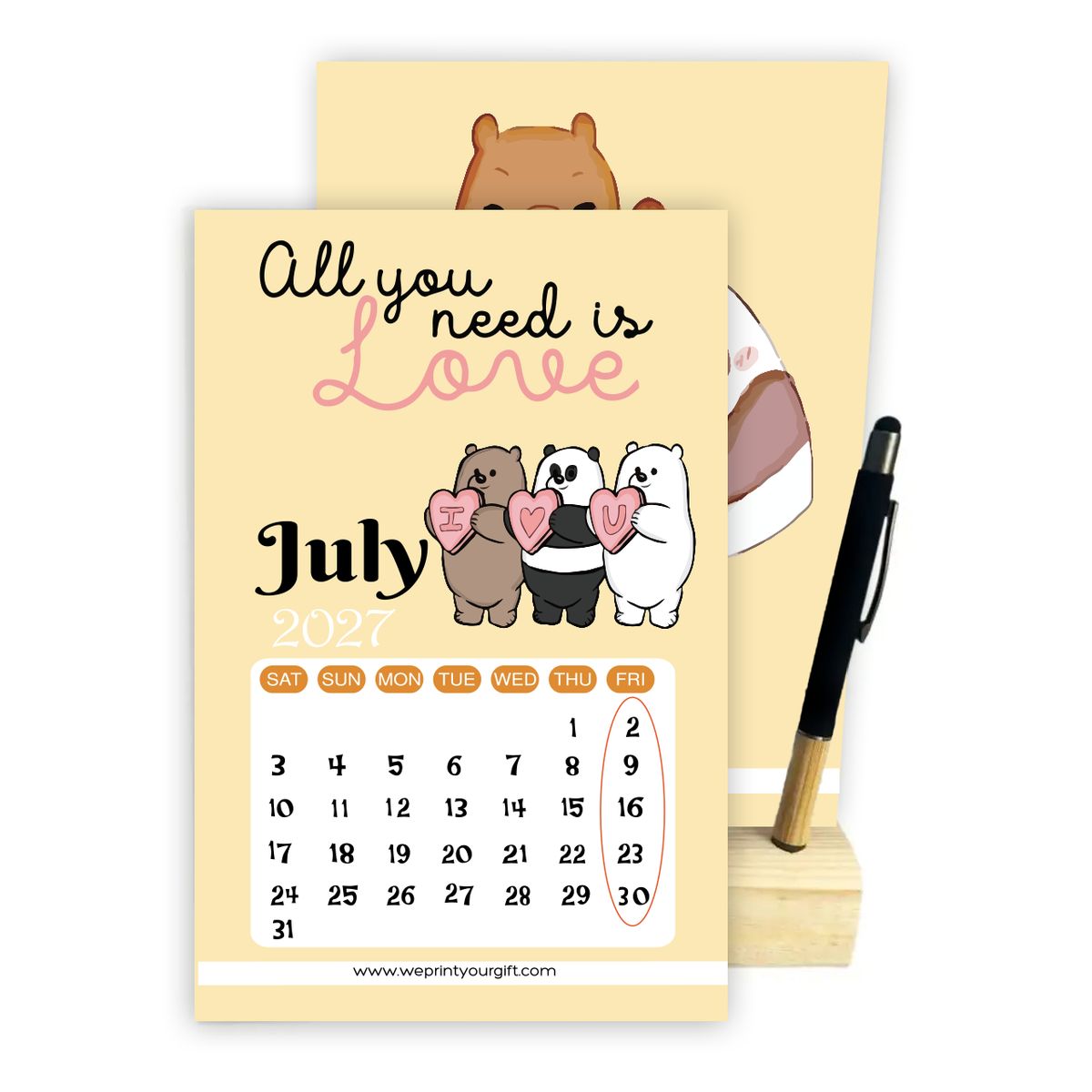 2027 Cute Bears Desk Calendar with Wooden Stand & Bamboo Grip Pen – 12 Unique Monthly Designs