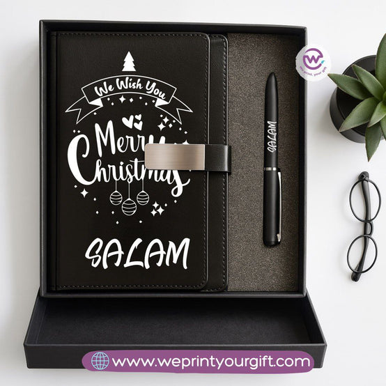 Festive Holiday Leather Gift Set – Custom Name Notebook & Pen