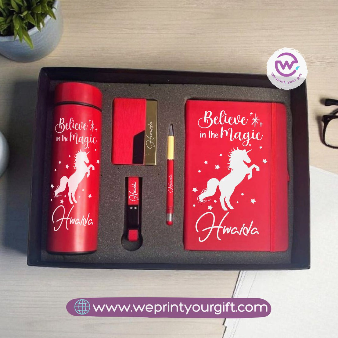 Unicorn Personalized 5-Piece Gift Box – Custom Name Luxury Set with Digital Thermos & Notebook