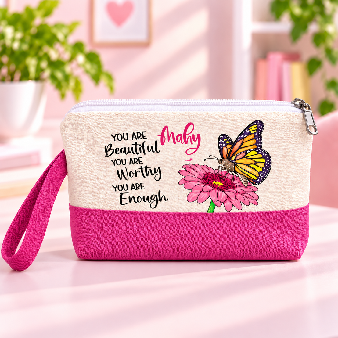 Motivational Butterfly Two-Tone Canvas Pencil Case & Makeup Pouch | With Side Handle