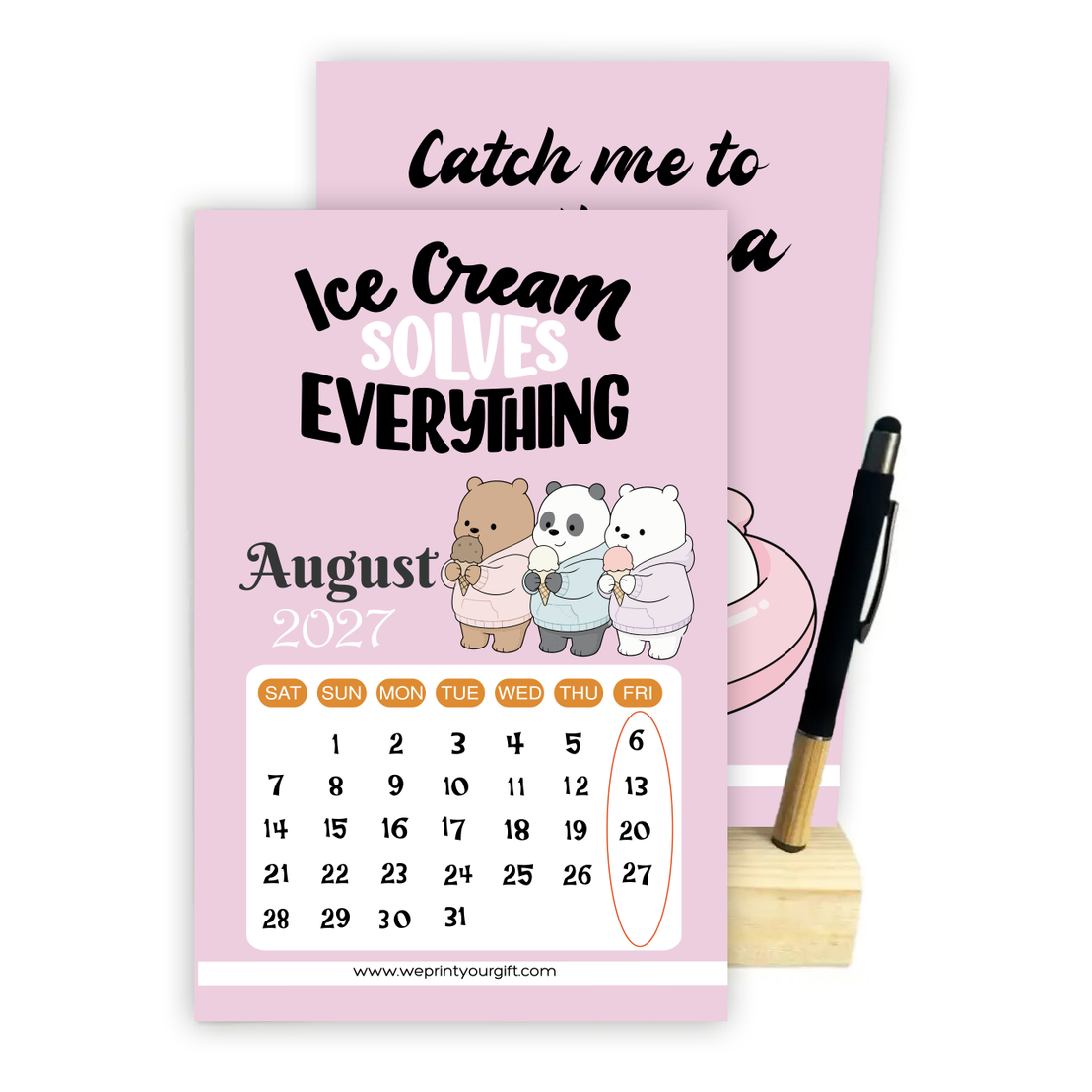 2027 Cute Bears Desk Calendar with Wooden Stand & Bamboo Grip Pen – 12 Unique Monthly Designs