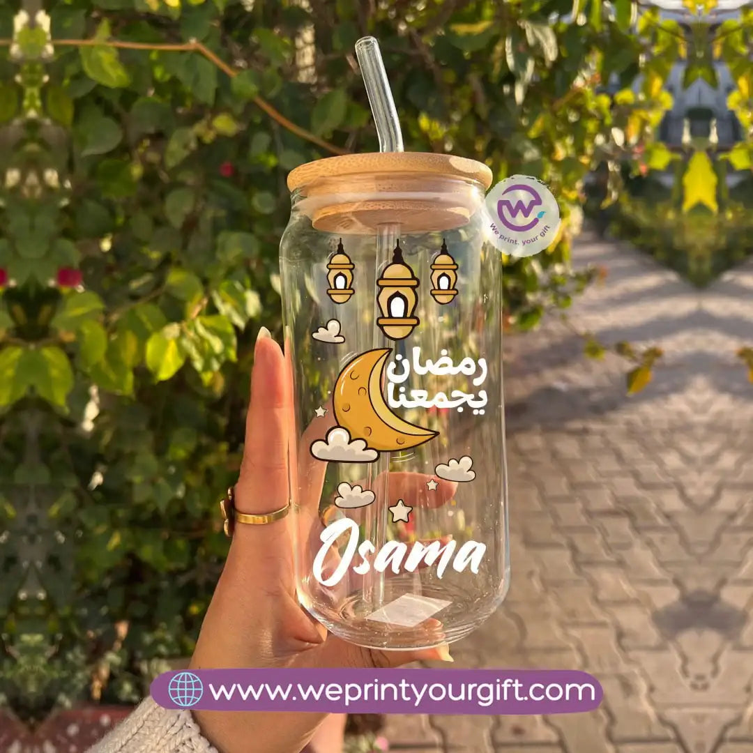 Round Glass Mug with Bamboo Lid & Glass Straw | Ramadan Design - WE PRINT