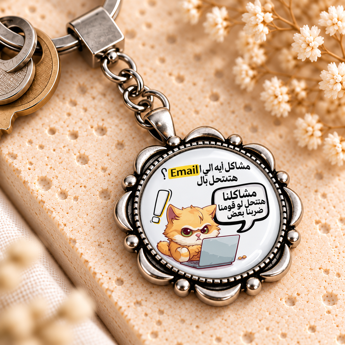 Real Work-Life Comic Glass Dome Keychain | Ornate Round Metal Frame