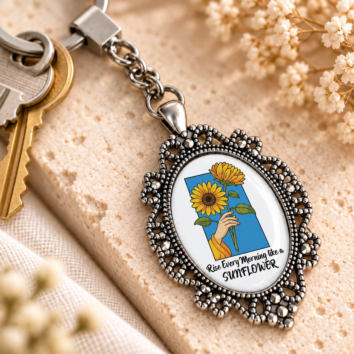 Sunflower Glass Dome Keychain | Ornate Oval Metal Frame
