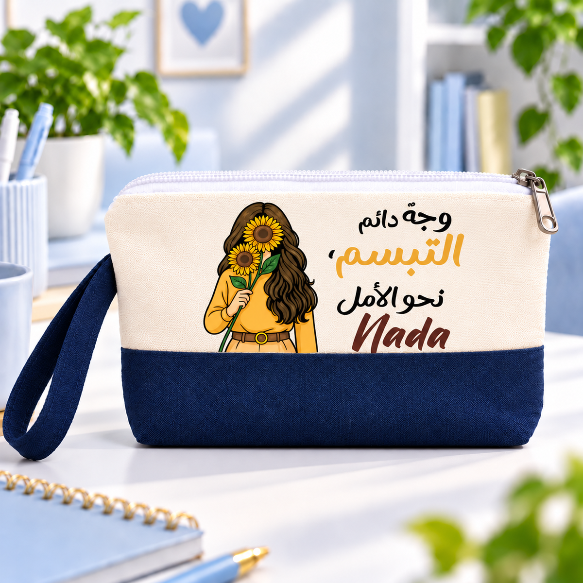 Radiant Sunflower Two-Tone Canvas Pencil Case & Makeup Pouch | With Side Handle